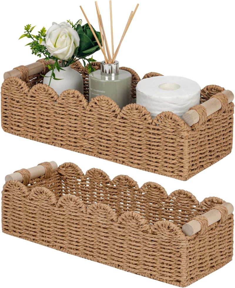 CubesLand Scalloped Decor Basket for Living Room, Home, Bathroom, 2SAME SIZE Paper Rope Basket, Toilet Storage Baskets for Over Toilet Storage Shelf, Cute Woven Basket Both Storage&Decor, Neutral - Image 1